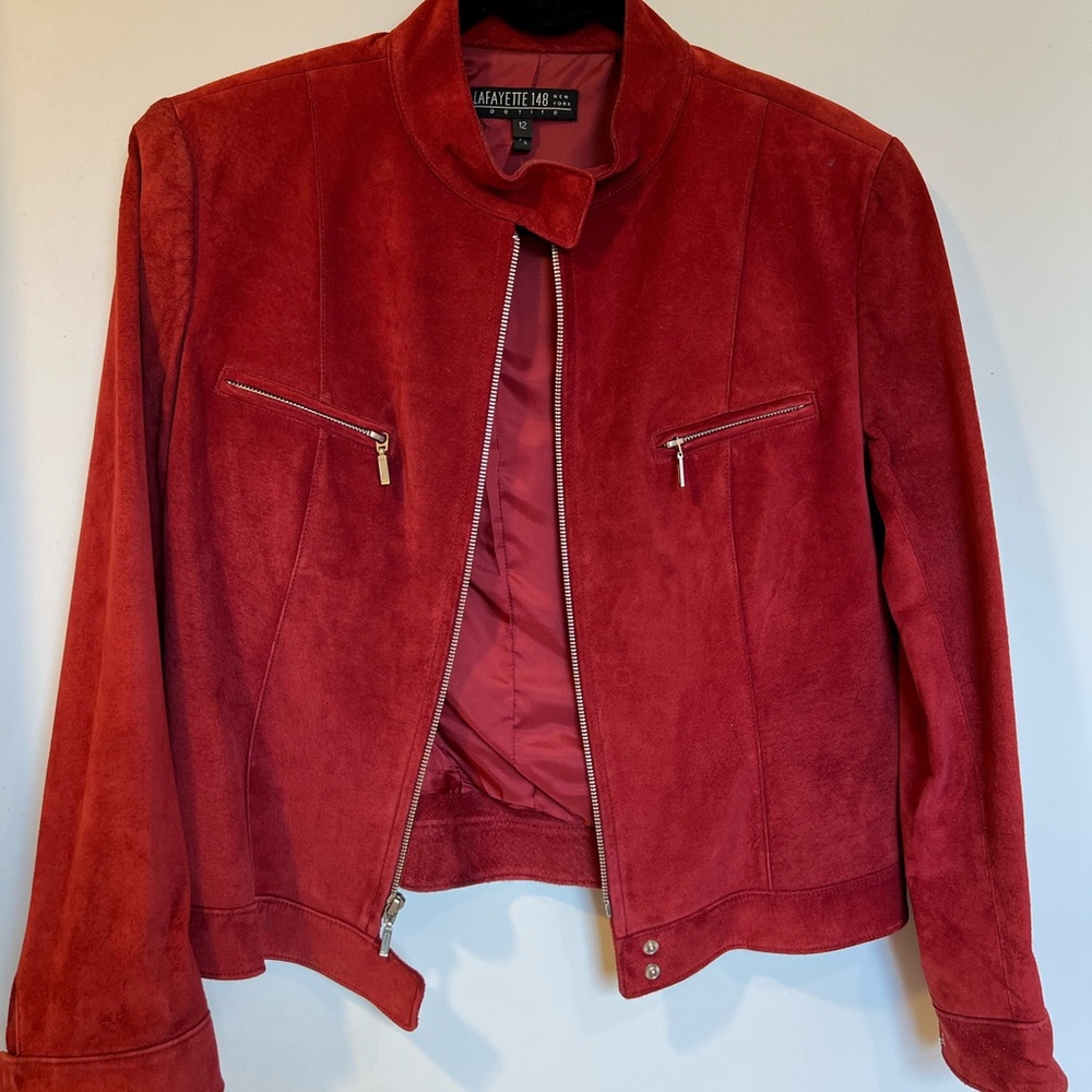 Lafayette 148 New York Deep Red Zip Front Suede Jacket Size 12 Petite